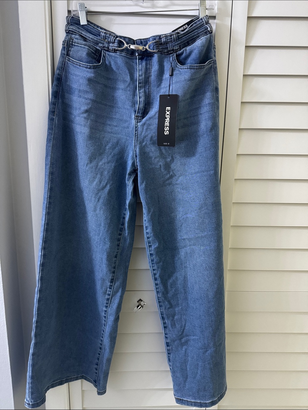 Express Blue High-Rise Wide Leg Jeans with Belt Detail
